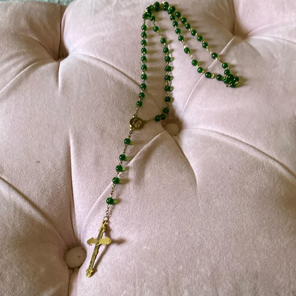 Rosary with goldtone accents green beads